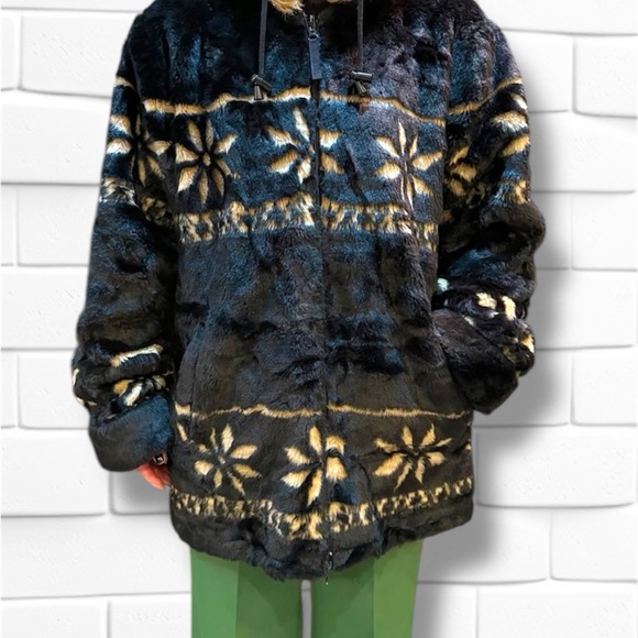 Vintage Other - Vintage Faux Fur Coat black Snowflake Jacket